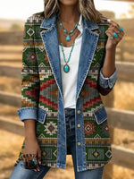 Vintage Aztec Art Print Patchwork Denim Coat