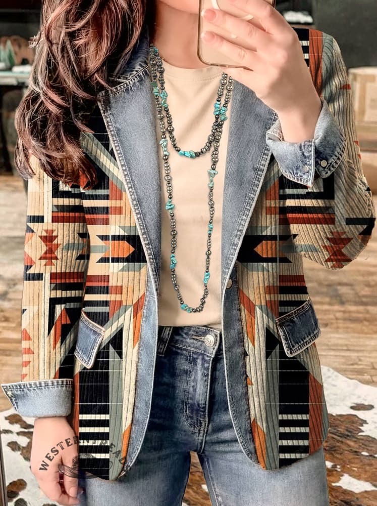 Aztec Print Patchwork Denim Sweater