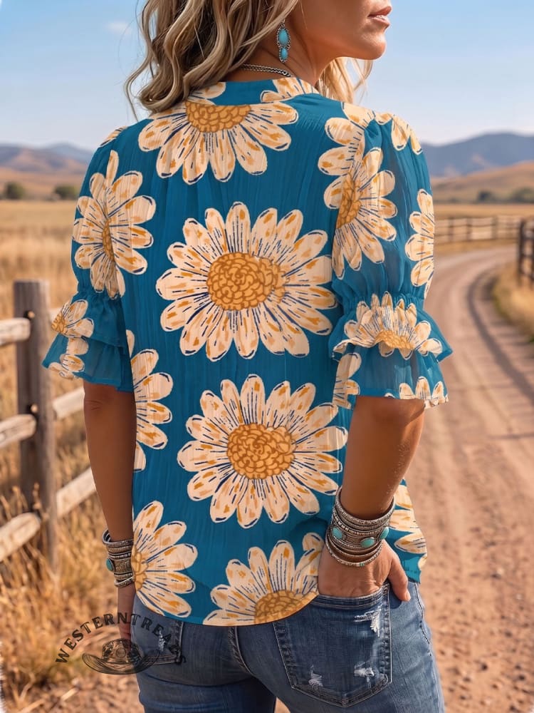 Vintage Art Print Comfortable Summer Fabrics Puff Sleeve Casual Shirt