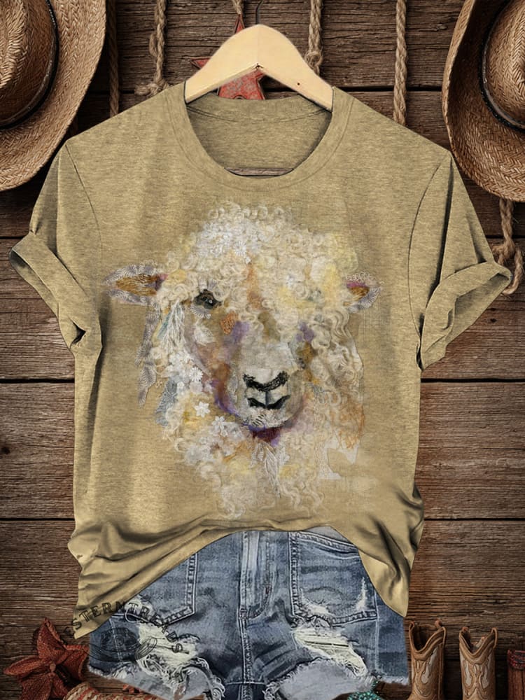 Retro Western Sheep Art Print Casual T-shirt