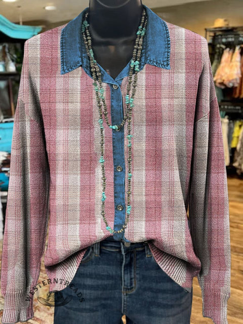 Denim Plaid Polo Collar Button Cardigan Sweater
