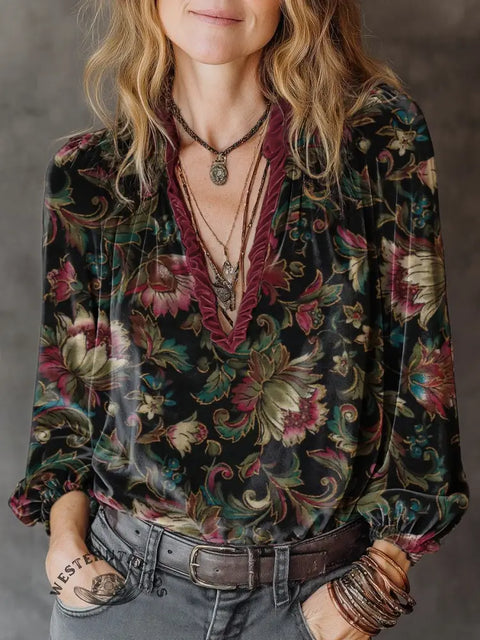 Women's retro flower Print Casual Cotton Shirt