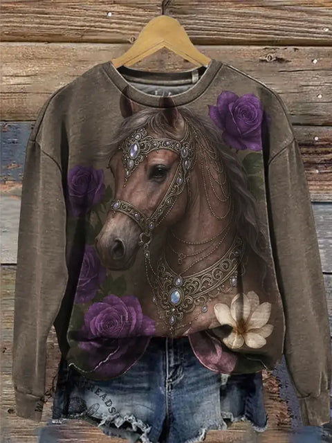 Horse Art Print Casual Sweatshirt