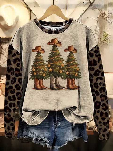 Cowboy Christmas Tree Print Casual Cotton Sweatshirt