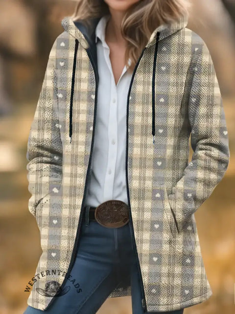 Retro heart plaid Unisex Plush Thick Long-Sleeved Cardigan Coat