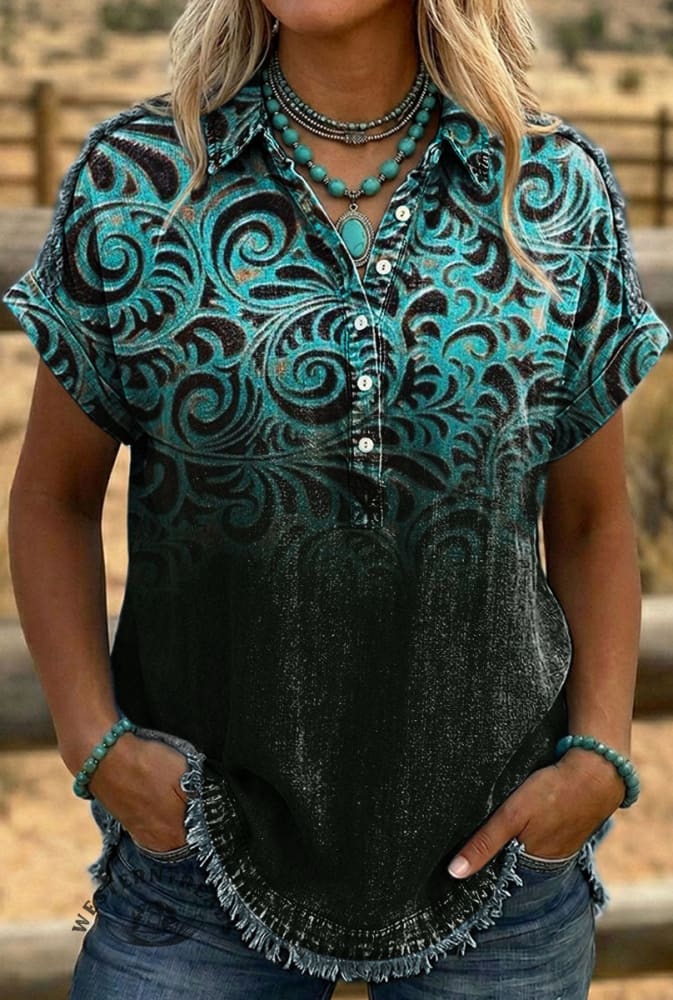 Women's Vintage Print Fringe Denim Shirt