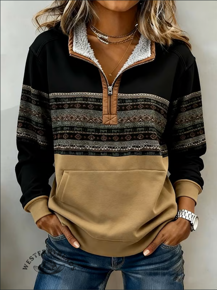 Casual Aztec Half-Zip Cotton Sweatshirt