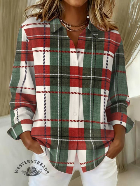 Women's Red and Green Checkered Print Casual Cotton Shirt