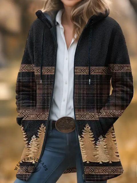 Retro Plaid Pine Tree Unisex Plush Thick Long-sleeved Cardigan Coat