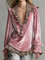 Women's Leopard Print Patchwork Ruffle V-neck Velvet Top