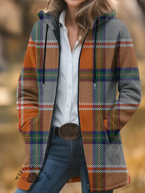 Checkered Print Unisex Plush Thick Long-sleeved Cardigan Coat