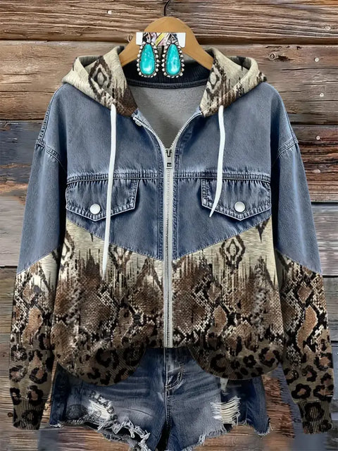 Leopard Print Patchwork Denim Zip-up Hoodie