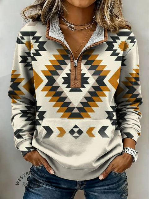 Retro Aztec Print Casual Half-zip Cotton Sweatshirt