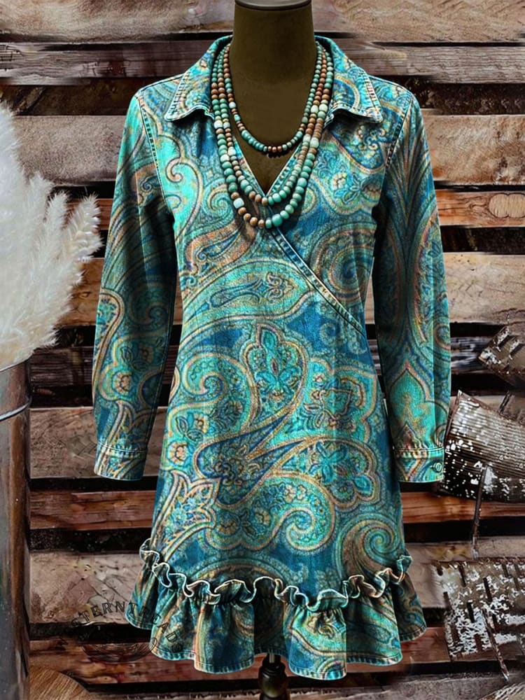 Vintage Paisley Print Casual Lapel Ruffled Denim Dress