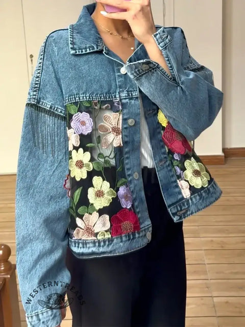 Women's Casual Lace-Patch Denim Jacket