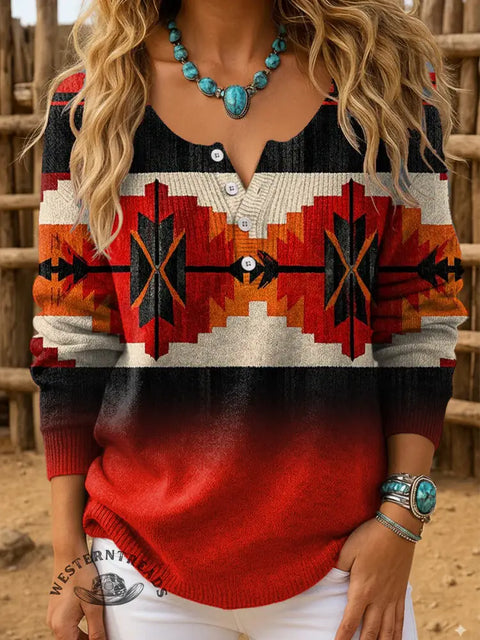 Retro Aztec Gradient Print Buttoned Cardigan Sweater