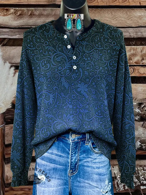 Retro Floral Art Print Buttoned Cardigan Sweater