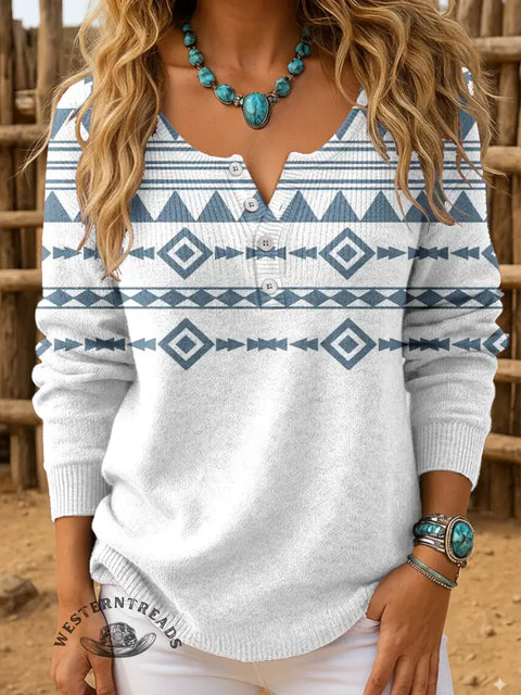 Retro Aztec Print Buttoned Cardigan Sweater