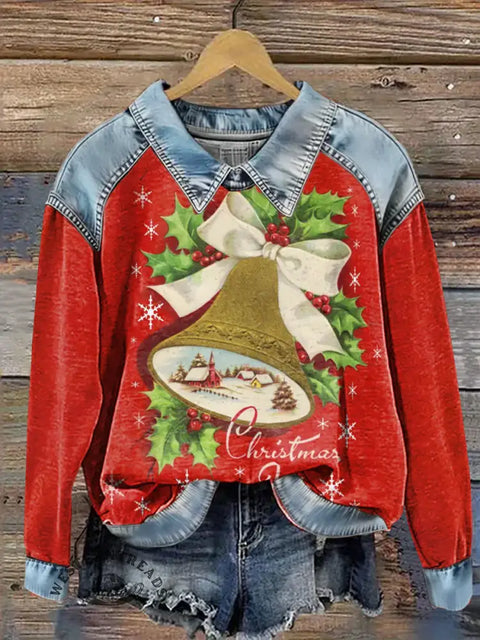 Women's Retro Christmas Bells Print Casual Denim Patchwork Sweatshirt