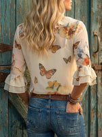 Vintage Butterfly Art Print Casual Ruffle Shirt