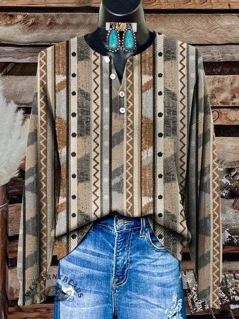 Retro Ethnic Art Print Buttoned Cardigan Sweater