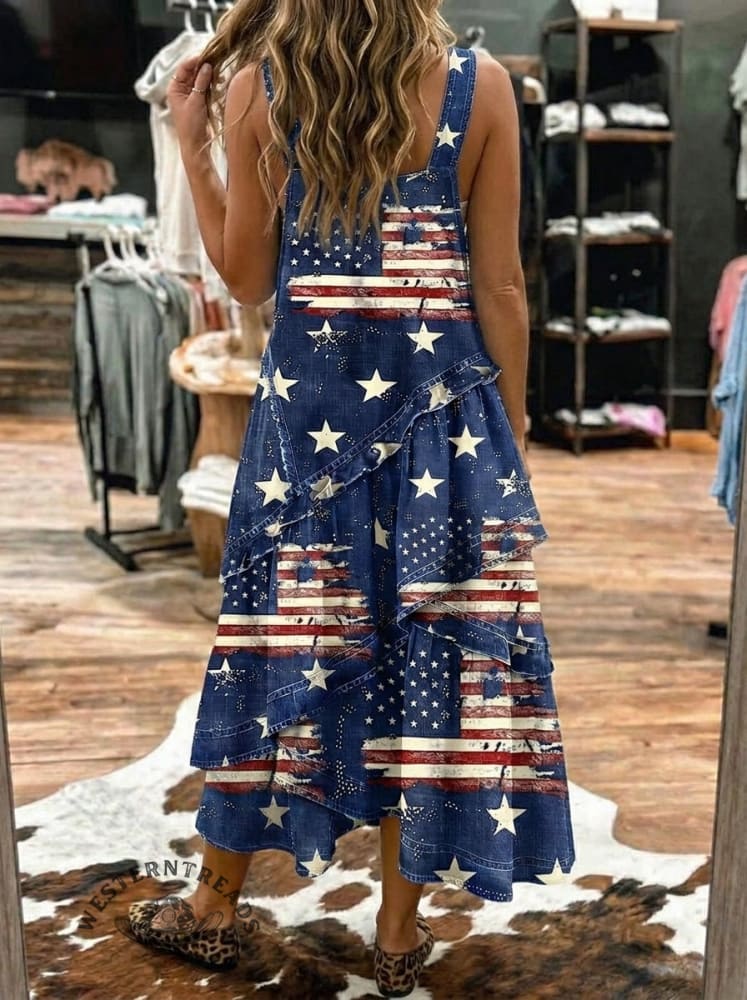 Star Strip Art Print Sleeveless Multi-layered Ruffled Strap Dress