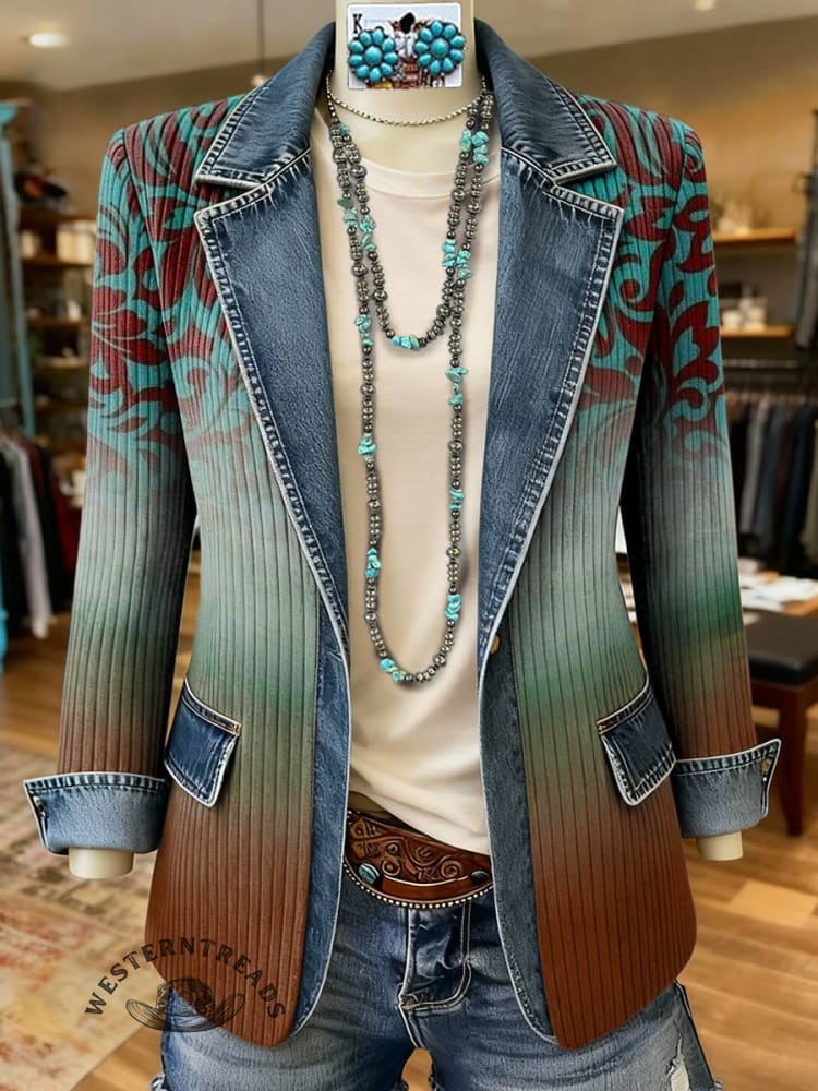 West Print Patchwork Denim Sweater