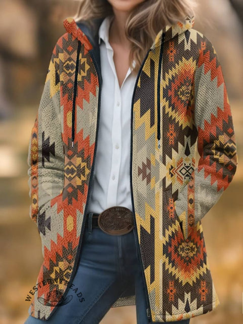 Aztec Print Unisex Plush Thick Long-sleeved Cardigan Coat