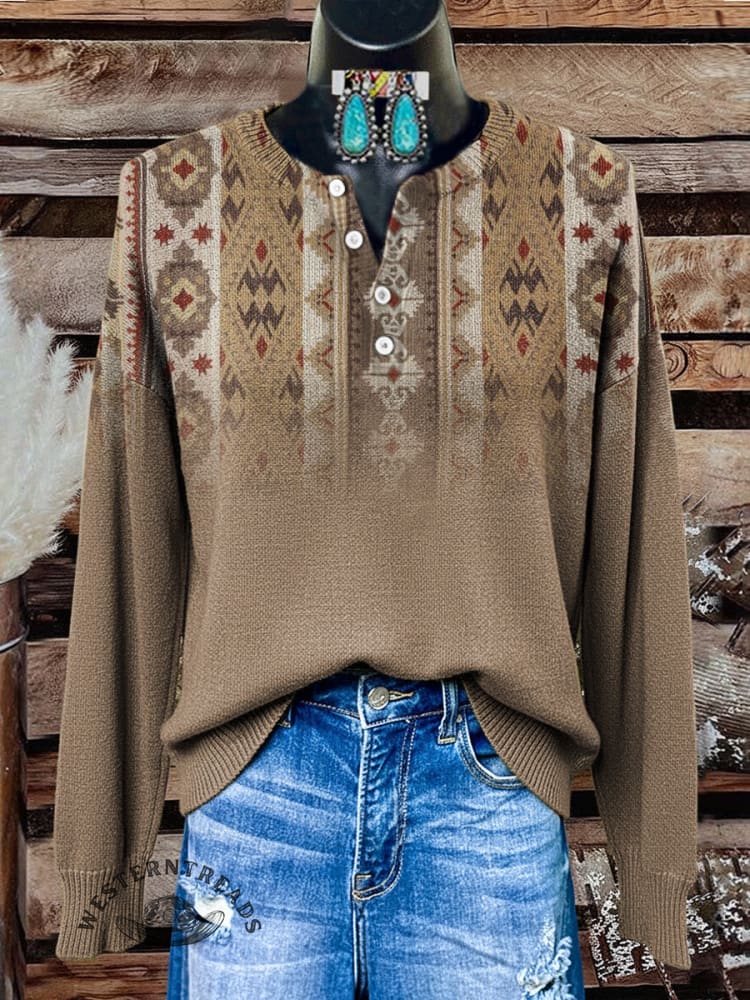 Aztec Art Print Buttoned Cardigan Sweater