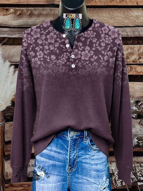 Retro Floral Print Buttoned Cardigan Sweater