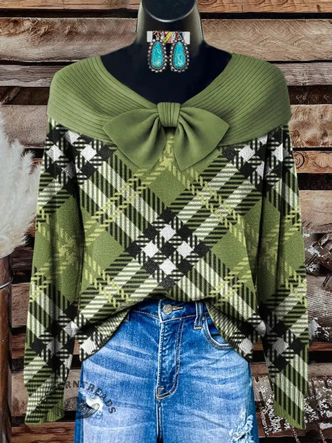 Women's Green Plaid Print Casual Cotton Sweater
