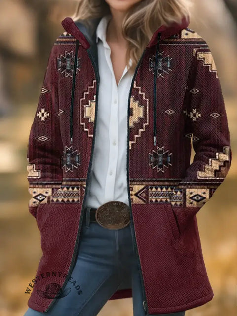 Retro Aztec Unisex Plush Thick Long-sleeved Cardigan Coat