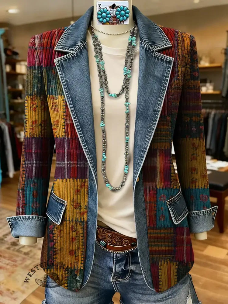 Retro Plaid Patchwork Art Print Patchwork Denim Sweater Cardigan Coat