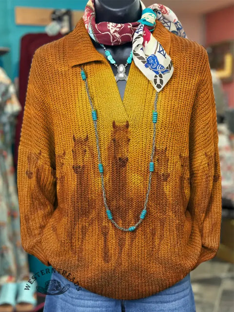Women's Horse Art Print Casual Lapel Knitted Sweater