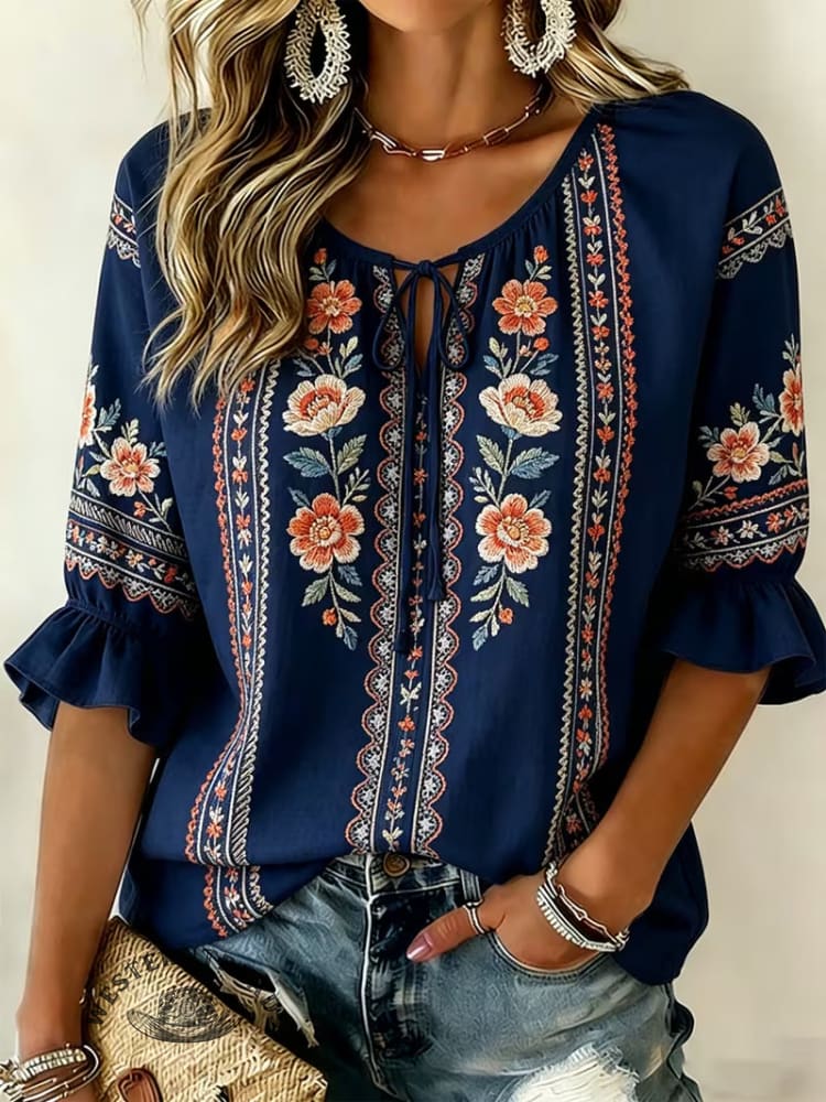 Women's Vintage Flowers Print Patchwork Casual Shirt