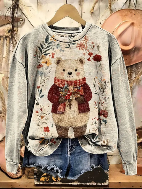 Retro Christmas Art Print Casual Cotton Sweatshirt