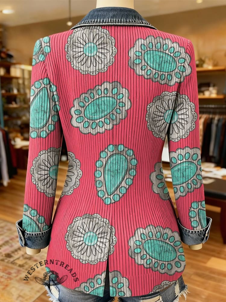 Turquoise Art Print Patchwork Denim Coat