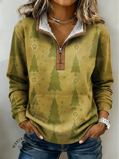 Retro Christmas Print Casual Half-Zip Cotton Sweatshirt