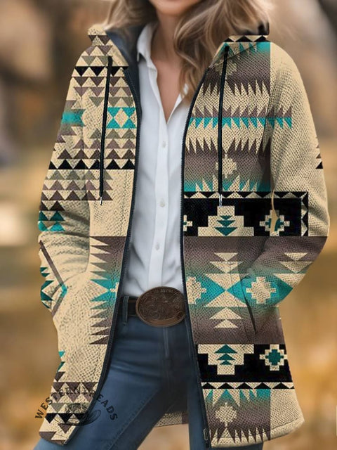 Aztec Print Unisex Plush Thick Long-sleeved Cardigan Coat