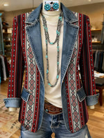 Aztec Print Patchwork Denim Sweater