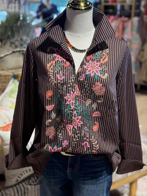 Women's Striped Floral Print Cotton Shirt