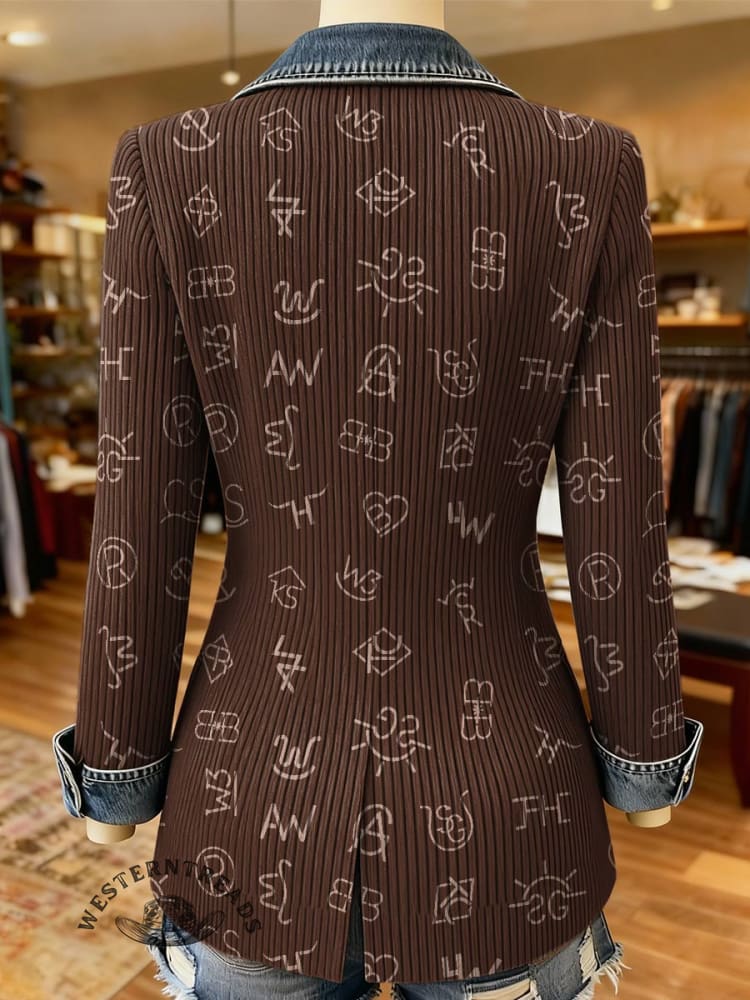 Cattle Brand Print Patchwork Denim Sweater