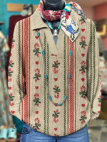 Women's Vintage Christmas Art Print Casual Lapel Knitted Sweater