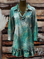 Vintage Art Print Casual Lapel Ruffled Denim Dress