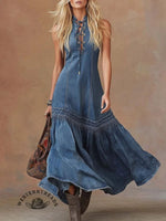 Women's Vintage Tie-neck Sleeveless Denim Maxi Dress