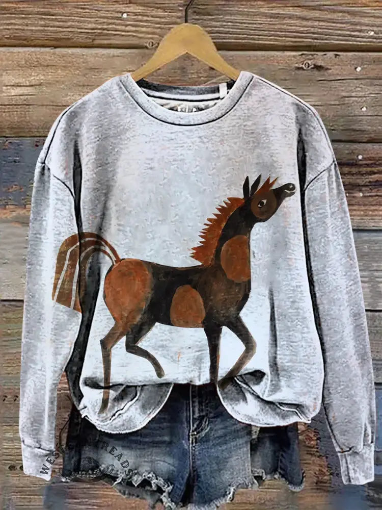 Retro Horse Art Print Casual Cotton Sweatshirt