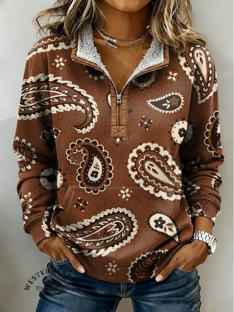 Retro Paisley Art Print Casual Half-zip Cotton Sweatshirt
