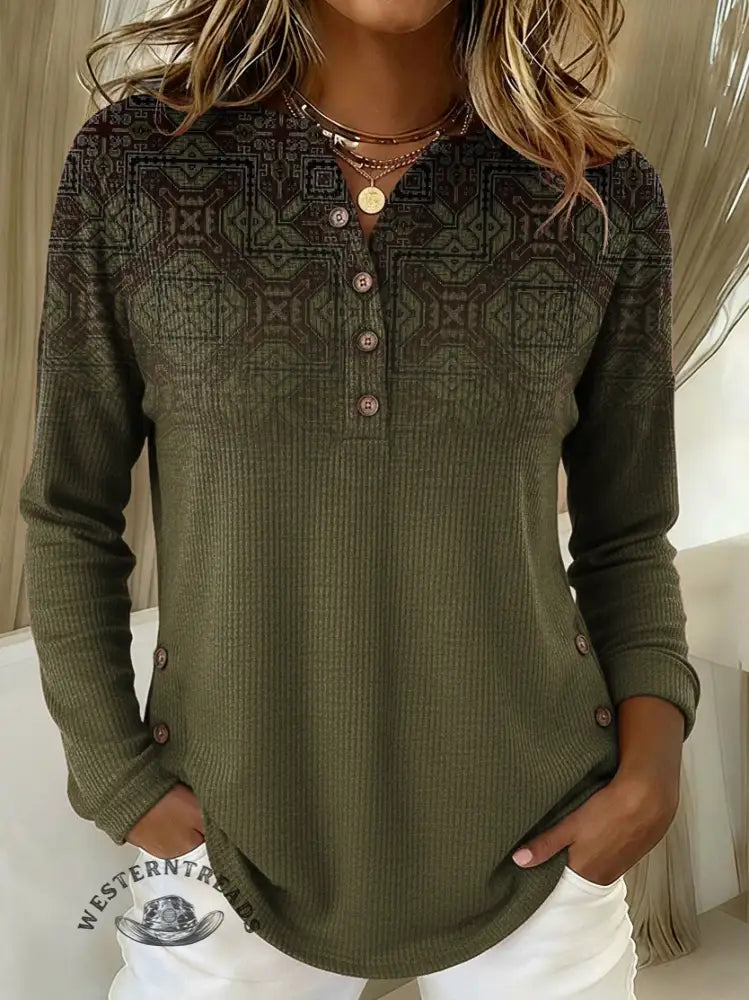 Women's Pattern Retro Print Casual Cotton Shirt