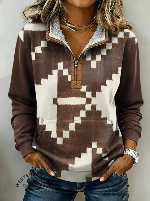 Retro Aztec Print Casual Half-zip Cotton Sweatshirt