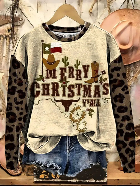 Western Christmas Print Casual Cotton Sweatshirt